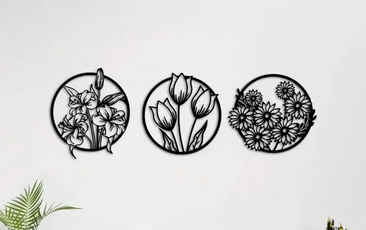 Yuvarlak Çiçek Desenli 3 Parça Dekoratif Duvar Süsü